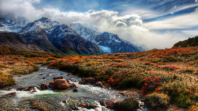 Lush valley stream mountains cloudy free wallpaper for desktop - medium preview image