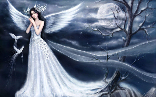 Angelic white dress bird moon free wallpaper for desktop - medium preview image
