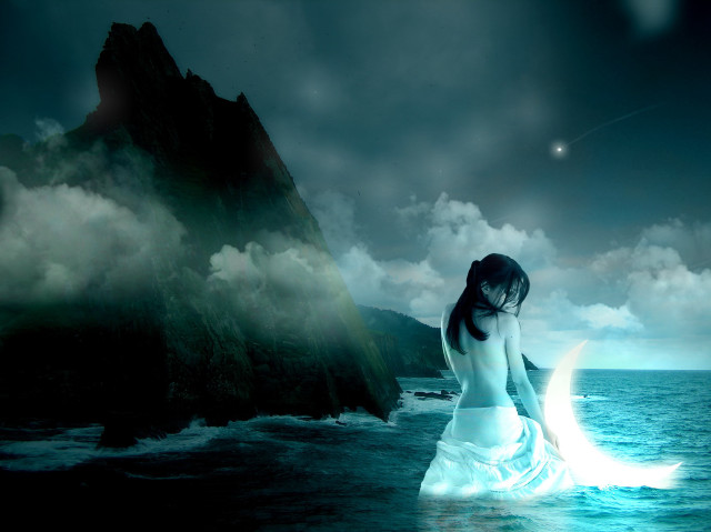 Woman white dress rock ocean #2 free wallpaper for desktop - medium preview image