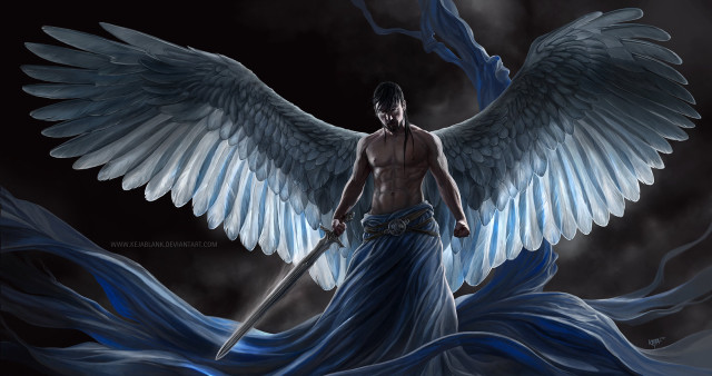 Man sword wings dark background free wallpaper for desktop - medium preview image
