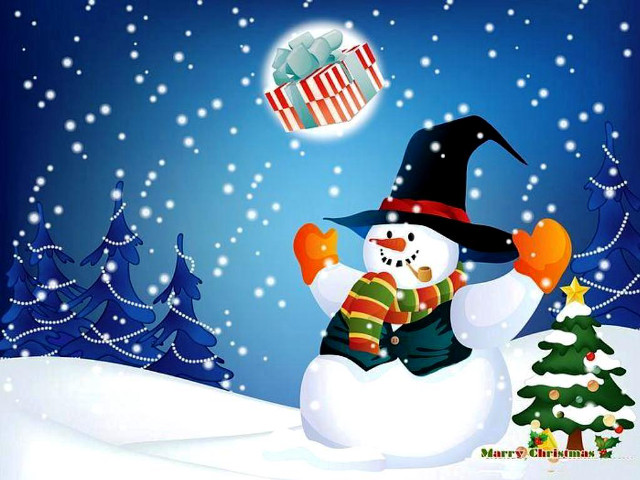 Snowman giftbox snow christmastree foreground free wallpaper for desktop - medium preview image