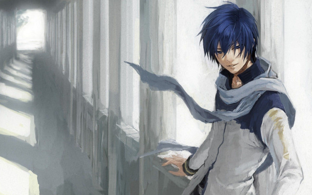 Man blue hair scarf hallway #2 free wallpaper for desktop - medium preview image