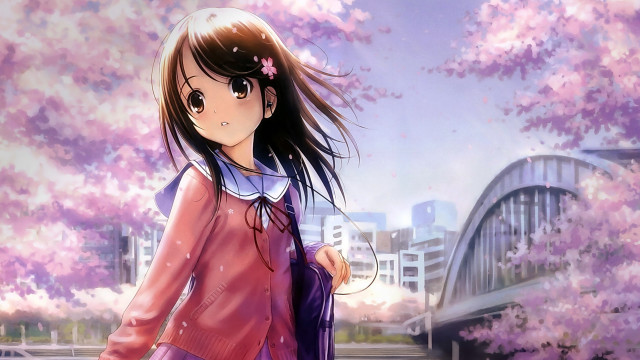 Girl pink dress cherry blossoms free wallpaper for desktop - medium preview image