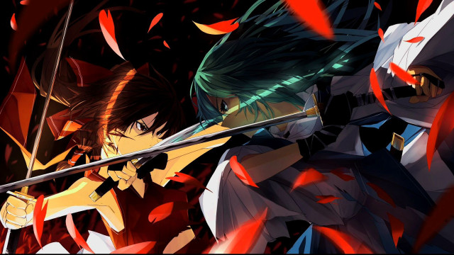 Anime characters swords red feathers free wallpaper for desktop - medium preview image