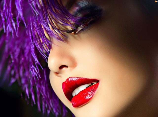 Woman redlipstick purplefeathers closed eyes free wallpaper for desktop - medium preview image