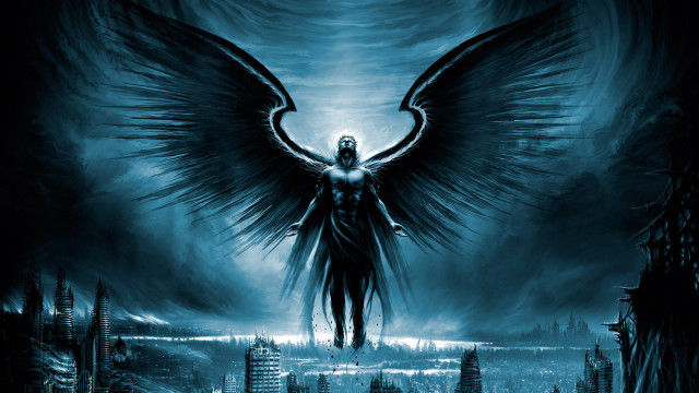 Man large wings city night free wallpaper for desktop - medium preview image