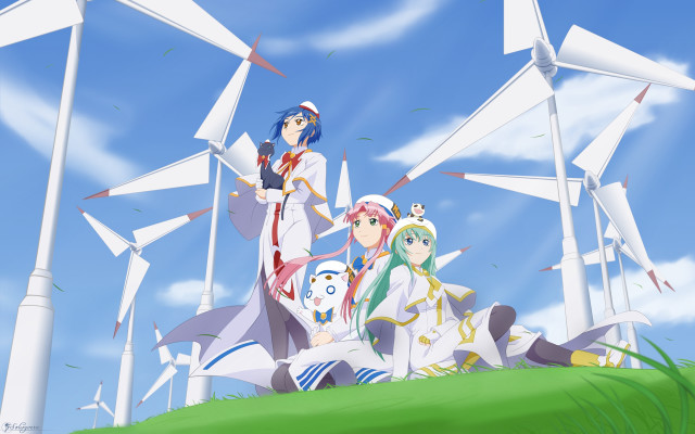 Anime characters hill windmills clouds free wallpaper for desktop - medium preview image