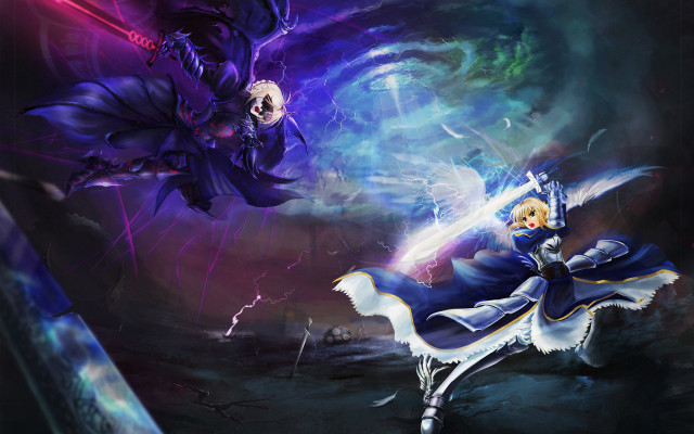 Woman blue dress sword demon free wallpaper for desktop - medium preview image