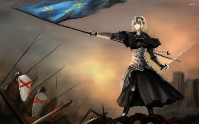 Woman flag sword painting city free wallpaper for desktop - medium preview image
