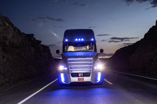 Blue truck night road headlights free wallpaper for desktop - medium preview image