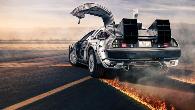 Delorean car road fire sky free wallpaper for desktop - medium preview image