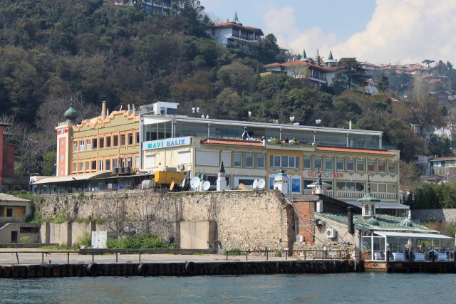 Building hill water boat hillside free wallpaper for desktop - medium preview image