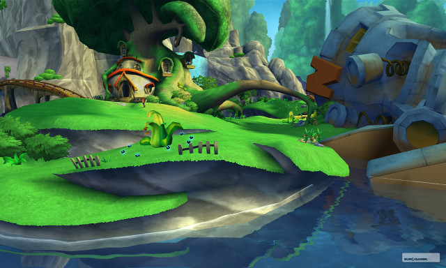 Cartoon green island house bridge free wallpaper for desktop - medium preview image