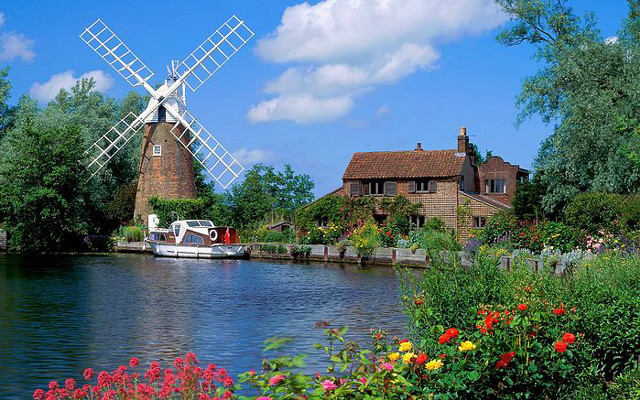 Boat river windmill houses flowers #2 free wallpaper for desktop - medium preview image