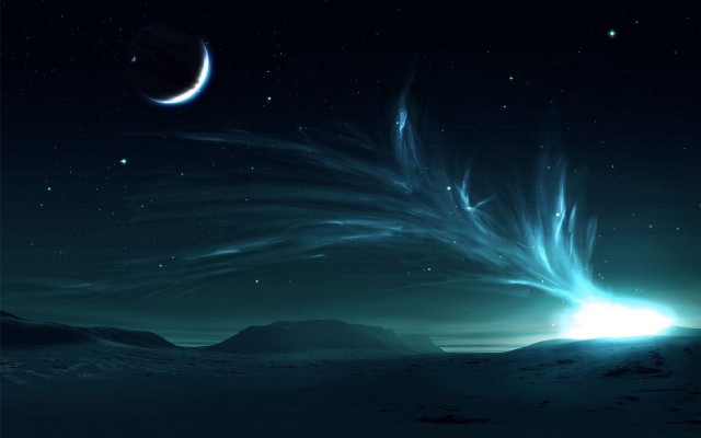 Distant planet crescent stars sky free wallpaper for desktop - medium preview image