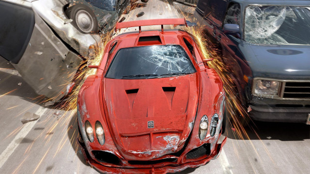 Red sports car smashed city free wallpaper for desktop - medium preview image