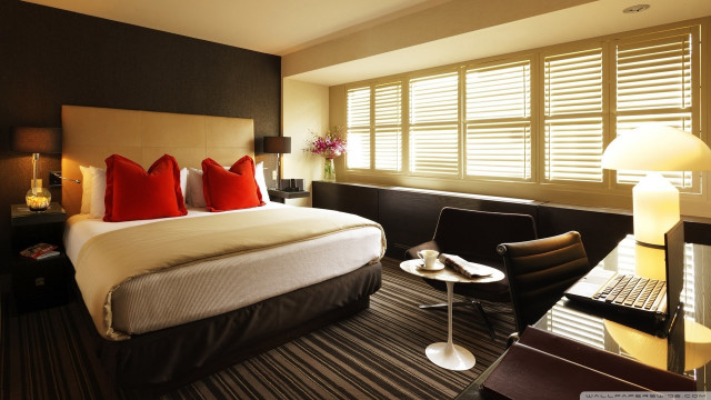 Bed bedroom desk laptop lamp free wallpaper for desktop - medium preview image