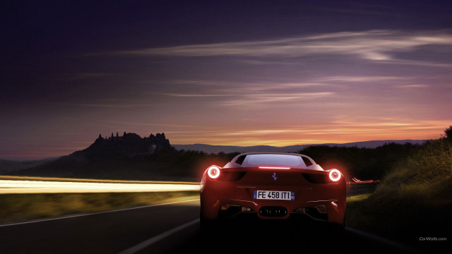 Red sports car night castle free wallpaper for desktop - medium preview image