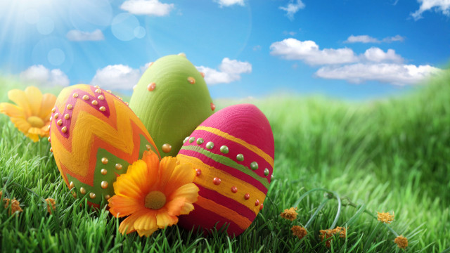 Three decorated eggs grass flowers free wallpaper for desktop - medium preview image