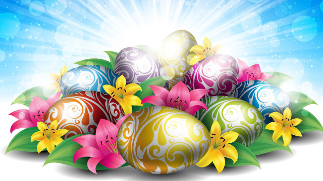 Colorful easter eggs sunburst blue free wallpaper for desktop - medium preview image