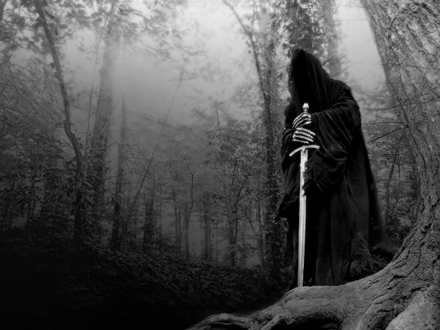 Grim hooded figure forest sword free wallpaper for desktop - medium preview image
