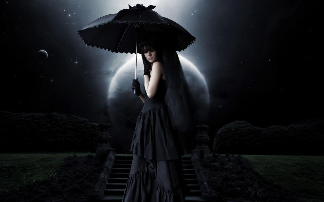 Woman black dress umbrella moon free wallpaper for desktop - medium preview image