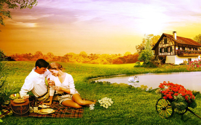 Couple blanket lake house background free wallpaper for desktop - medium preview image