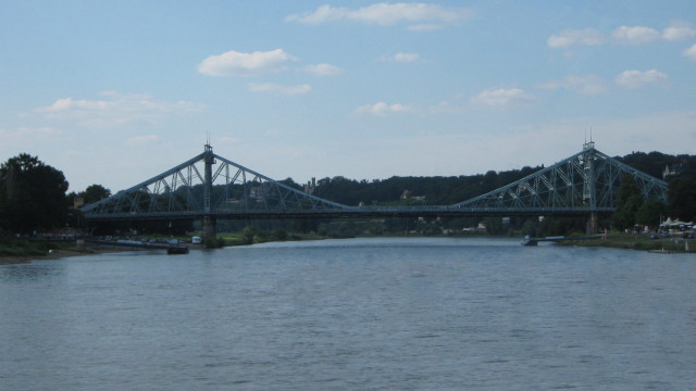 Bridge river boat water sky free wallpaper for desktop - medium preview image