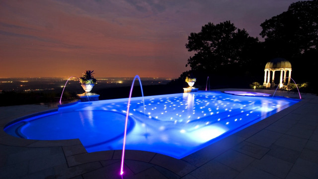 Pool fountain lights night city free wallpaper for desktop - medium preview image