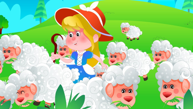Cartoon girl surrounded sheep field free wallpaper for desktop - medium preview image