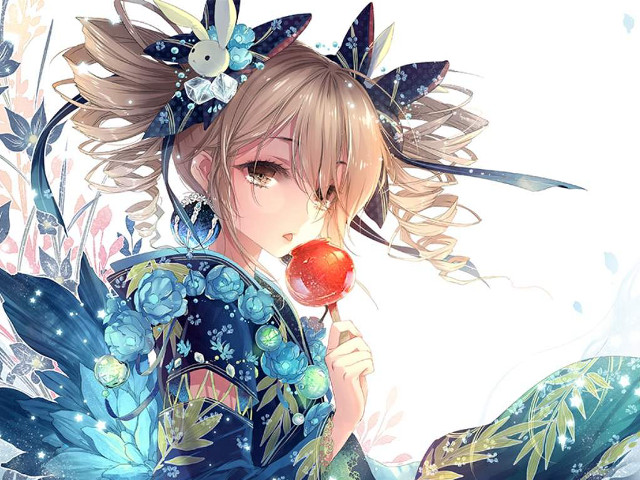 Woman blue dress apple flower free wallpaper for desktop - medium preview image