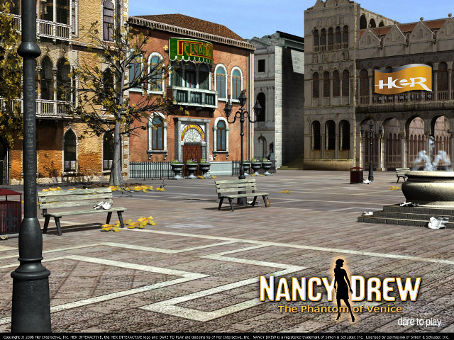 City square fountain bench storefront free wallpaper for desktop - medium preview image