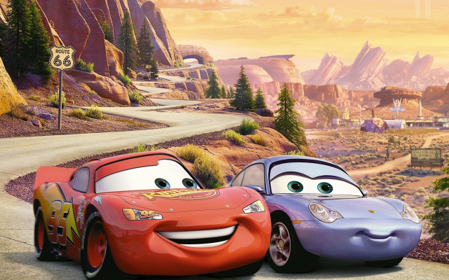 Cartoon cars driving road mountains free wallpaper for desktop - medium preview image