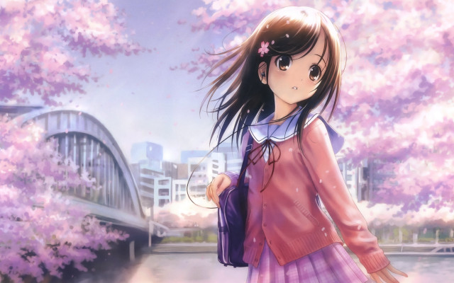 Girl pinkdress cherryblossoms anime bridge free wallpaper for desktop - medium preview image