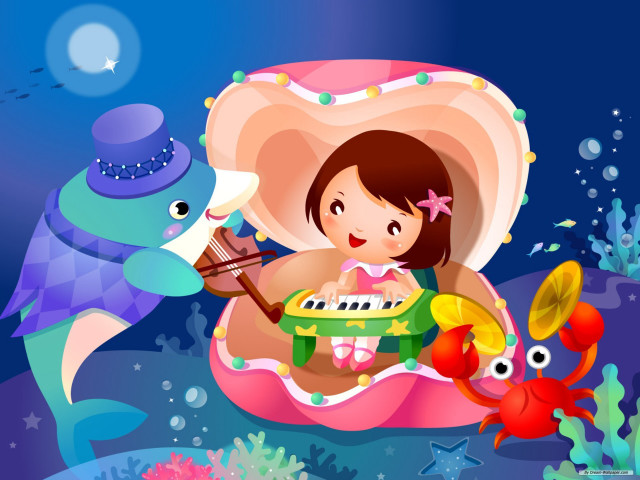 Little girl piano undersea fish free wallpaper for desktop - medium preview image