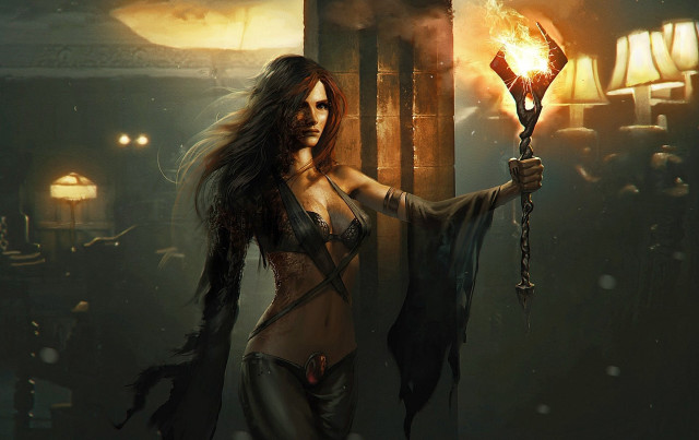 Woman holding torch dark room free wallpaper for desktop - medium preview image