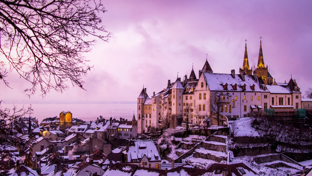 Snowy city buildings winter landscape free wallpaper for desktop - medium preview image