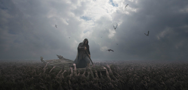 Woman field birds flying clouds free wallpaper for desktop - medium preview image