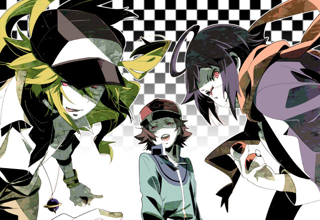 Anime characters checkered background black free wallpaper for desktop - medium preview image