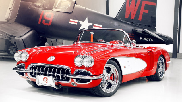 Red car fighter jet museum free wallpaper for desktop - medium preview image
