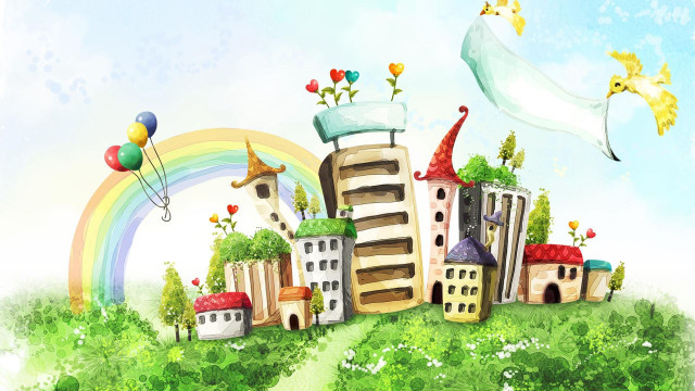 City rainbow bird flying kite free wallpaper for desktop - medium preview image