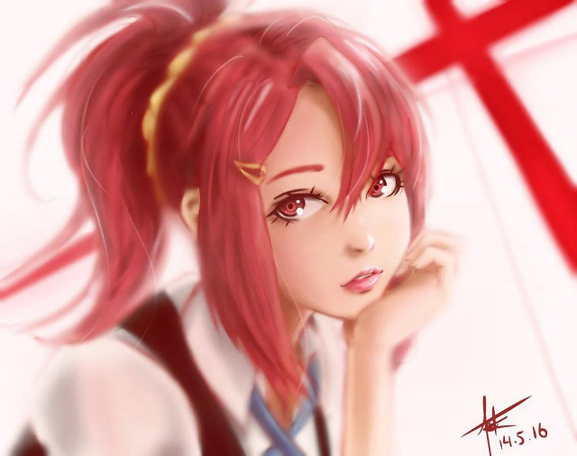 Girl red hair cross serious free wallpaper for desktop - medium preview image