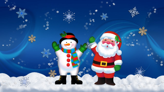 Snowmen couple standing snow snowflakes free wallpaper for desktop - medium preview image