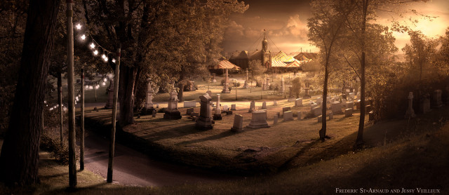 Cemetery graveyard night lights gravestones free wallpaper for desktop - medium preview image