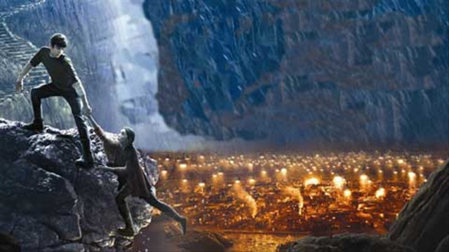 Man mountain waterfall giant cityscape free wallpaper for desktop - medium preview image