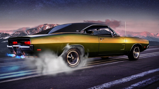 Green gold muscle car night free wallpaper for desktop - medium preview image