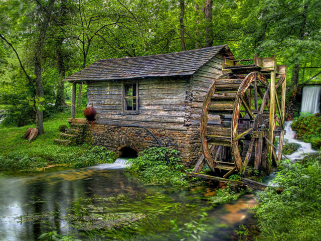 Water mill forest stream building free wallpaper for desktop - medium preview image