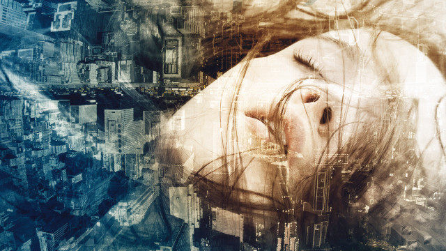 Woman head hands city buildings free wallpaper for desktop - medium preview image