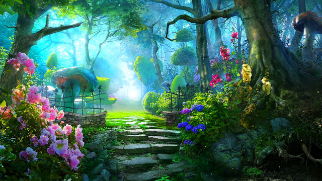 Forest pathway floral gate stone free wallpaper for desktop - medium preview image