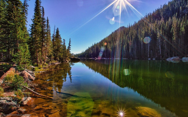 Lake trees forest sun mountain free wallpaper for desktop - medium preview image